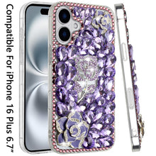 For iPhone 16 Plus 6.7in Case Full Bling Diamond 3D Rose Cover + Tempered Glass