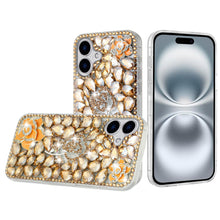 For iPhone 16 6.1inch Case Full Bling Faux Diamond 3D Rose Cover +Tempered Glass