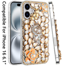 For iPhone 16 6.1inch Case Full Bling Faux Diamond 3D Rose Cover +Tempered Glass