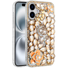 For iPhone 16 6.1inch Case Full Bling Faux Diamond 3D Rose Cover +Tempered Glass
