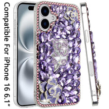 For iPhone 16 6.1inch Case Full Bling Faux Diamond 3D Rose Cover +Tempered Glass
