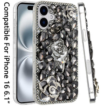 For iPhone 16 6.1inch Case Full Bling Faux Diamond 3D Rose Cover +Tempered Glass