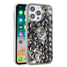 For iPhone 15 Case Full Bling Faux Diamond 3D Rose Jewel + 2 Tempered Glass