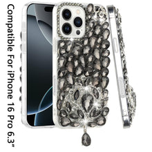 For iPhone 16 Pro 6.3in Case Full Bling Large 3D Jewel Cover + Tempered Glass