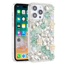 For iPhone 15 Case Full Rhinestone 3D Rose Bling Phone Cover + 2 Tempered Glass