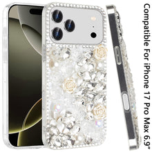 For iPhone 17 Pro Max Case Full Rhinestone 3D Rose Bling Cover + Tempered Glass