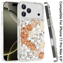 For iPhone 17 Pro Max Case Full Rhinestone 3D Rose Bling Cover + Tempered Glass