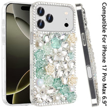 For iPhone 17 Pro Max Case Full Rhinestone 3D Rose Bling Cover + Tempered Glass