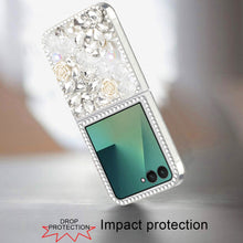 For Samsung Z Flip7 Case Full Rhinestone 3D Rose Bling Cover + Tempered Glass