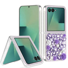 For Samsung Z Flip7 Case Full Rhinestone 3D Rose Bling Cover + Tempered Glass