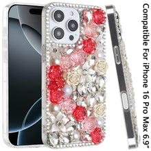 For iPhone 16 PRO MAX Case Full Rhinestone 3D Rose Bling Cover + Tempered Glass
