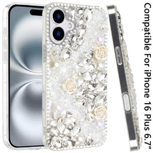 For iPhone 16 Plus 6.7in Case Full Rhinestone 3D Rose Bling + Tempered Glass
