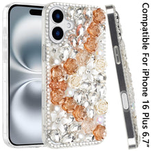 For iPhone 16 Plus 6.7in Case Full Rhinestone 3D Rose Bling + Tempered Glass