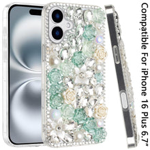 For iPhone 16 Plus 6.7in Case Full Rhinestone 3D Rose Bling + Tempered Glass