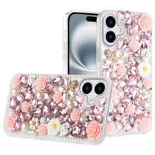 For iPhone 16 Plus 6.7in Case Full Rhinestone 3D Rose Bling + Tempered Glass