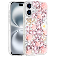 For iPhone 16 Plus 6.7in Case Full Rhinestone 3D Rose Bling + Tempered Glass