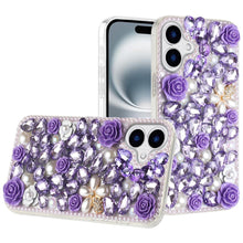 For iPhone 16 Plus 6.7in Case Full Rhinestone 3D Rose Bling + Tempered Glass