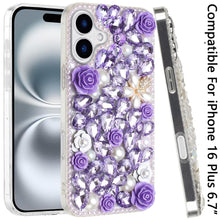 For iPhone 16 Plus 6.7in Case Full Rhinestone 3D Rose Bling + Tempered Glass