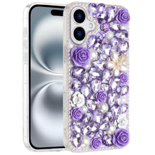 For iPhone 16 Plus 6.7in Case Full Rhinestone 3D Rose Bling + Tempered Glass