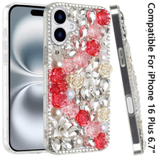 For iPhone 16 Plus 6.7in Case Full Rhinestone 3D Rose Bling + Tempered Glass