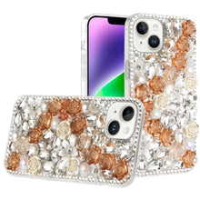 For iPhone 13/14 Case Full Rhinestone 3D Rose Bling Cover + Tempered Glass