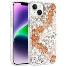 For iPhone 13/14 Case Full Rhinestone 3D Rose Bling Cover + Tempered Glass