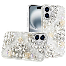 For iPhone 16 6.1inch Case Full Rhinestone 3D Rose Bling Cover + Tempered Glass