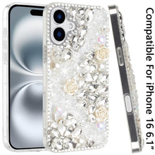 For iPhone 16 6.1inch Case Full Rhinestone 3D Rose Bling Cover + Tempered Glass