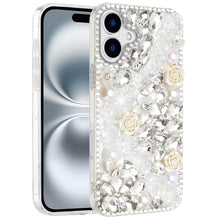For iPhone 16 6.1inch Case Full Rhinestone 3D Rose Bling Cover + Tempered Glass