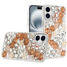 For iPhone 16 6.1inch Case Full Rhinestone 3D Rose Bling Cover + Tempered Glass