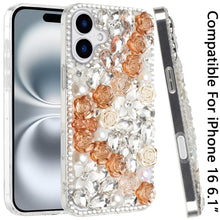 For iPhone 16 6.1inch Case Full Rhinestone 3D Rose Bling Cover + Tempered Glass