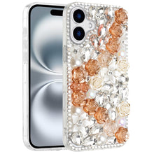 For iPhone 16 6.1inch Case Full Rhinestone 3D Rose Bling Cover + Tempered Glass