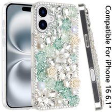 For iPhone 16 6.1inch Case Full Rhinestone 3D Rose Bling Cover + Tempered Glass