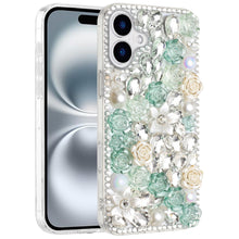 For iPhone 16 6.1inch Case Full Rhinestone 3D Rose Bling Cover + Tempered Glass