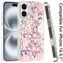 For iPhone 16 6.1inch Case Full Rhinestone 3D Rose Bling Cover + Tempered Glass