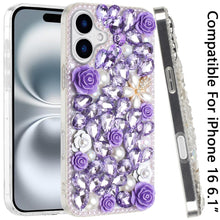 For iPhone 16 6.1inch Case Full Rhinestone 3D Rose Bling Cover + Tempered Glass
