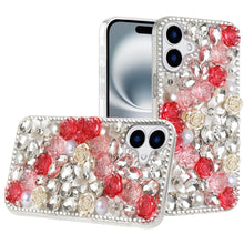 For iPhone 16 6.1inch Case Full Rhinestone 3D Rose Bling Cover + Tempered Glass