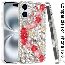 For iPhone 16 6.1inch Case Full Rhinestone 3D Rose Bling Cover + Tempered Glass