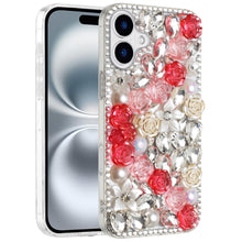 For iPhone 16 6.1inch Case Full Rhinestone 3D Rose Bling Cover + Tempered Glass
