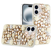 For iPhone 16 6.1inch Case Full Rhinestone 3D Rose Bling Cover + Tempered Glass