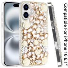 For iPhone 16 6.1inch Case Full Rhinestone 3D Rose Bling Cover + Tempered Glass