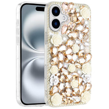 For iPhone 16 6.1inch Case Full Rhinestone 3D Rose Bling Cover + Tempered Glass