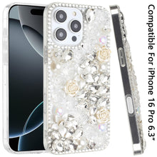 For iPhone 16 Pro 6.3in Case Full Rhinestone 3D Rose Bling Cover +Tempered Glass