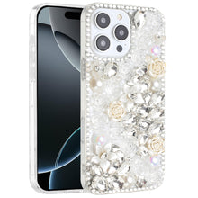 For iPhone 16 Pro 6.3in Case Full Rhinestone 3D Rose Bling Cover +Tempered Glass