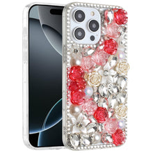 For iPhone 16 Pro 6.3in Case Full Rhinestone 3D Rose Bling Cover +Tempered Glass