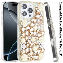 For iPhone 16 Pro 6.3in Case Full Rhinestone 3D Rose Bling Cover +Tempered Glass