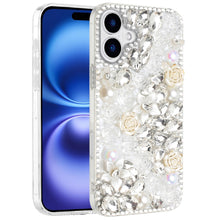 For iPhone 17 Case Full Jewel with 3D Roses Bling Phone Cover + Tempered Glass