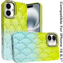 For iPhone 16 6.1inch Case Bling Diamond Pattern Padded Cover + Tempered Glass