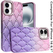 For iPhone 16 6.1inch Case Bling Diamond Pattern Padded Cover + Tempered Glass