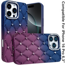 For iPhone 16 Pro 6.3in Case Bling Diamond Pattern Padded Cover + Tempered Glass
